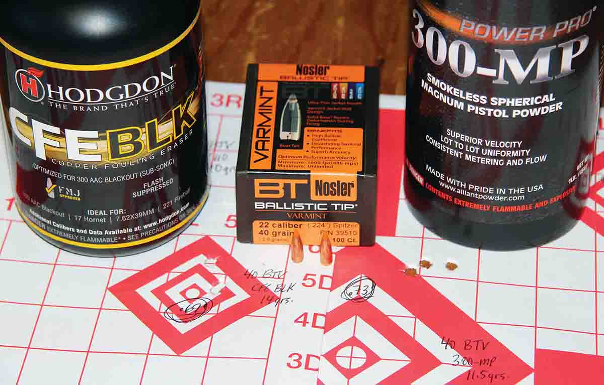 Nosler’s 40-grain Ballistic Tip Varmint produced a couple of sub-¾-inch groups – a .69-inch group at 2,797 fps with 14 grains of Hodgdon CFE BLK and a .73-inch group at 2,983 fps using 11.5 grains of Alliant Power Pro 300-MP.